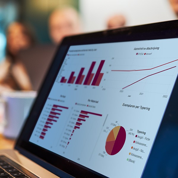 inset_wise_nl_3 Een laptop met een scherm waarop grafieken en diagrammen in roodtinten worden weergegeven, waaronder staafdiagrammen, lijndiagrammen en een cirkeldiagram. Op de achtergrond is een vergaderruimte zichtbaar.