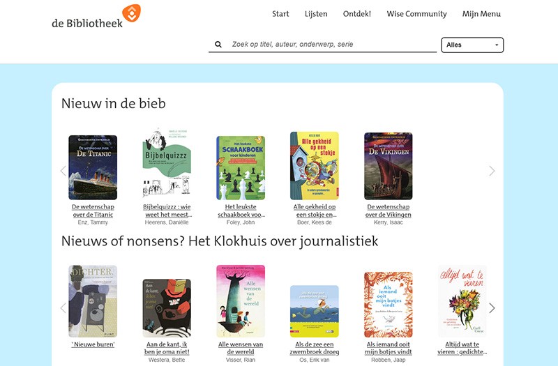 illo_juniorwise Schermafbeelding van juniorWise, een jeugdcatalogus waarmee kinderen eenvoudig boeken en digitale bronnen kunnen ontdekken. De interface toont actuele titels en thema's zoals "Nieuw in de bieb" en "Nieuws of nonsens?" om leesplezier en nieuwsgierigheid te stimuleren.
