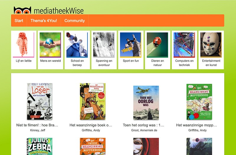 illo_mediatheekwise Schermafbeelding van mediatheekWise, een mediabeheersysteem voor middelbare scholen. De interface toont thematische zoekopties zoals "Mens en wereld", "Sport en fun" en "Computers en techniek", samen met een overzicht van boeken en bronnen die aansluiten bij de interesses en leerbehoeften van jongeren.