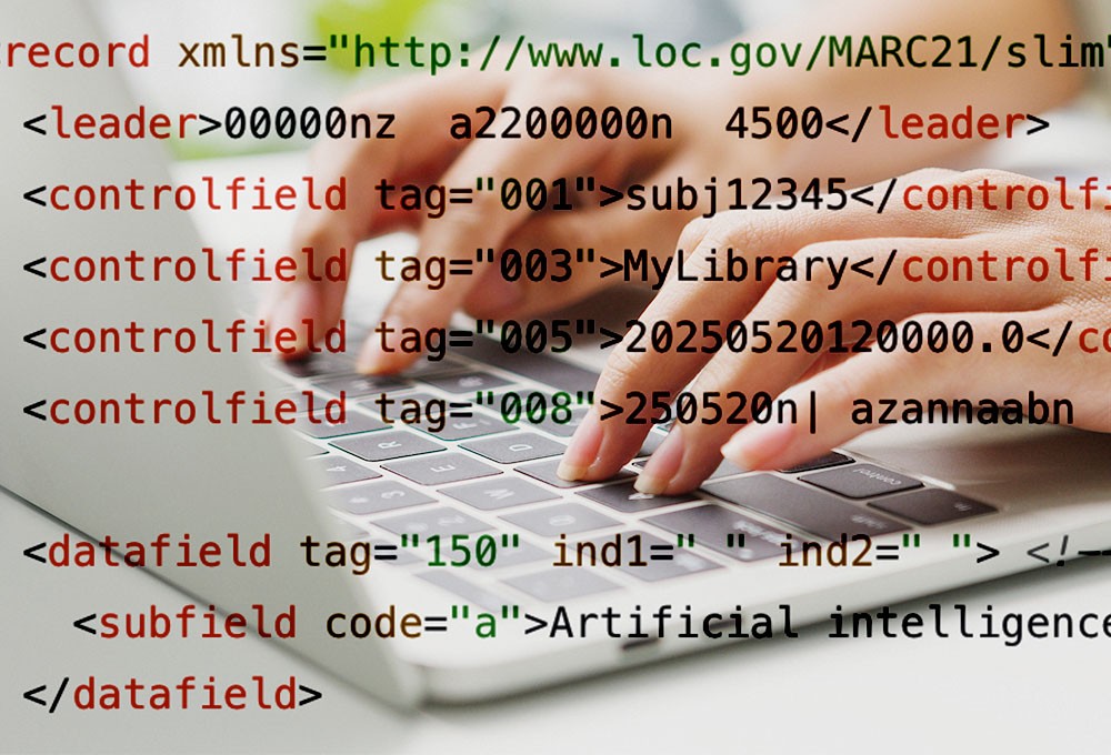Photo illustration: Cataloging record XML superimposed over hands on a laptop keyboard