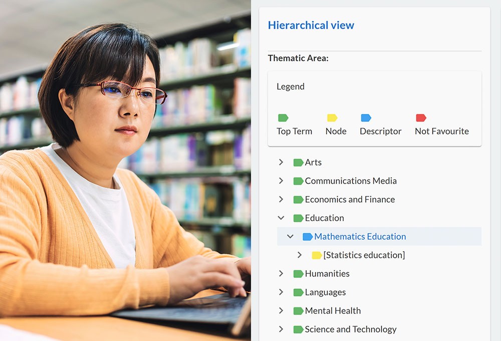 Photo illustration: Cataloger in library setting and WorldShare Lexicon thesauri interface
