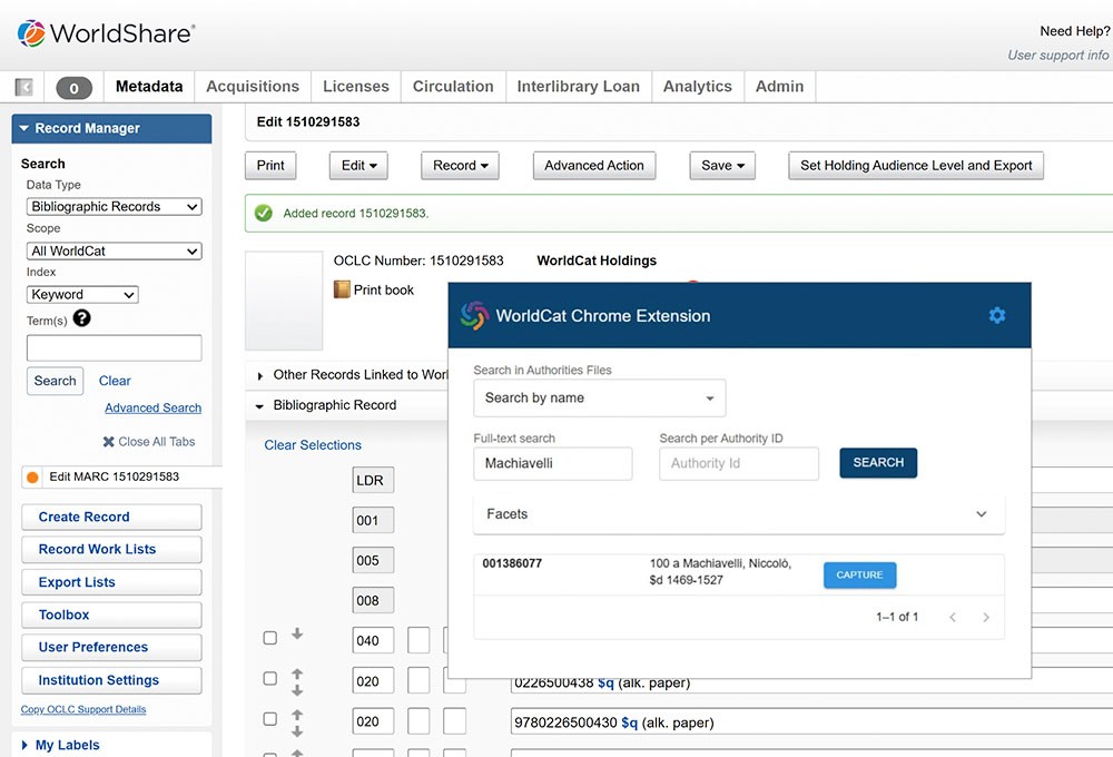 Screenshot: WMS interface showing cataloging integration with WorldShare Lexicon