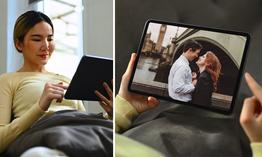 Foto: Vrouw streamt een film op haar tablet