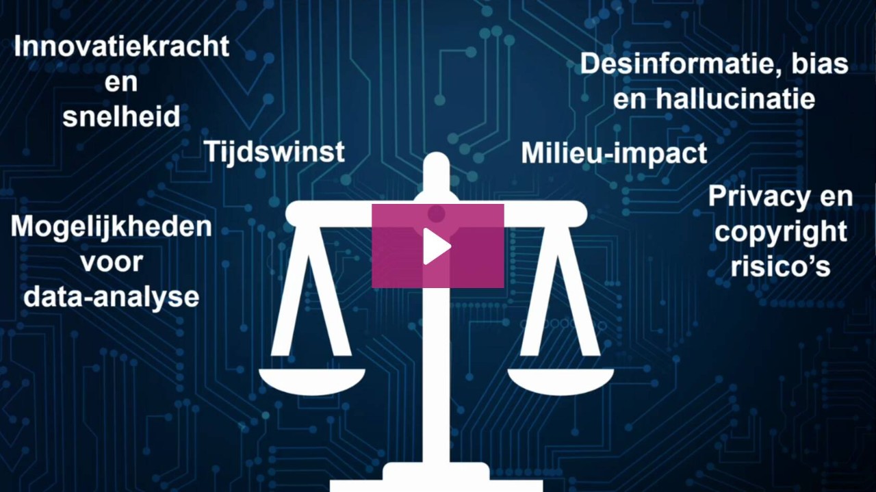 wise-ai Webinar-thumbnail met weegschaal en tekst over AI-afwegingen in bibliotheken: links innovatiekracht, snelheid, tijdswinst, mogelijkheden voor data-analyse; rechts desinformatie, bias, hallucinatie, milieu-impact, privacy en copyright risico's