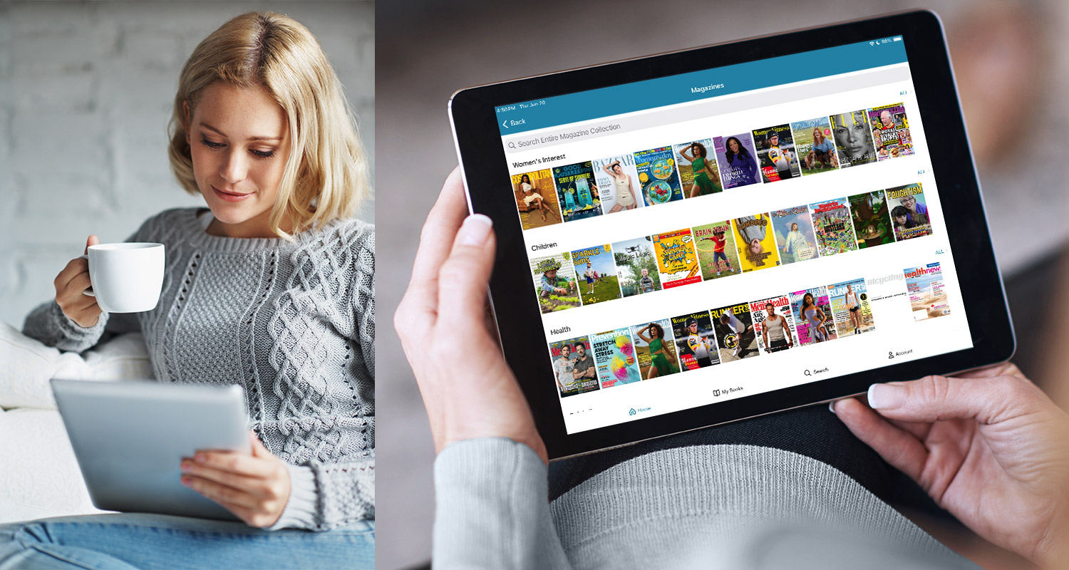 Foto: Vrouw die door titels van e-boeken en audioboeken bladert in de CloudLibrary tablet-app