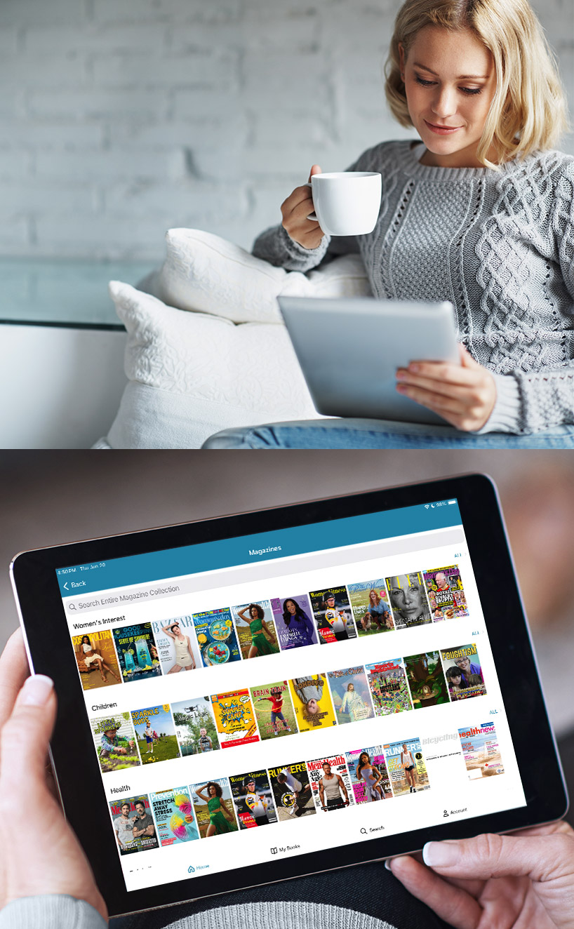Foto: Vrouw die door titels van e-boeken en audioboeken bladert in de CloudLibrary tablet-app