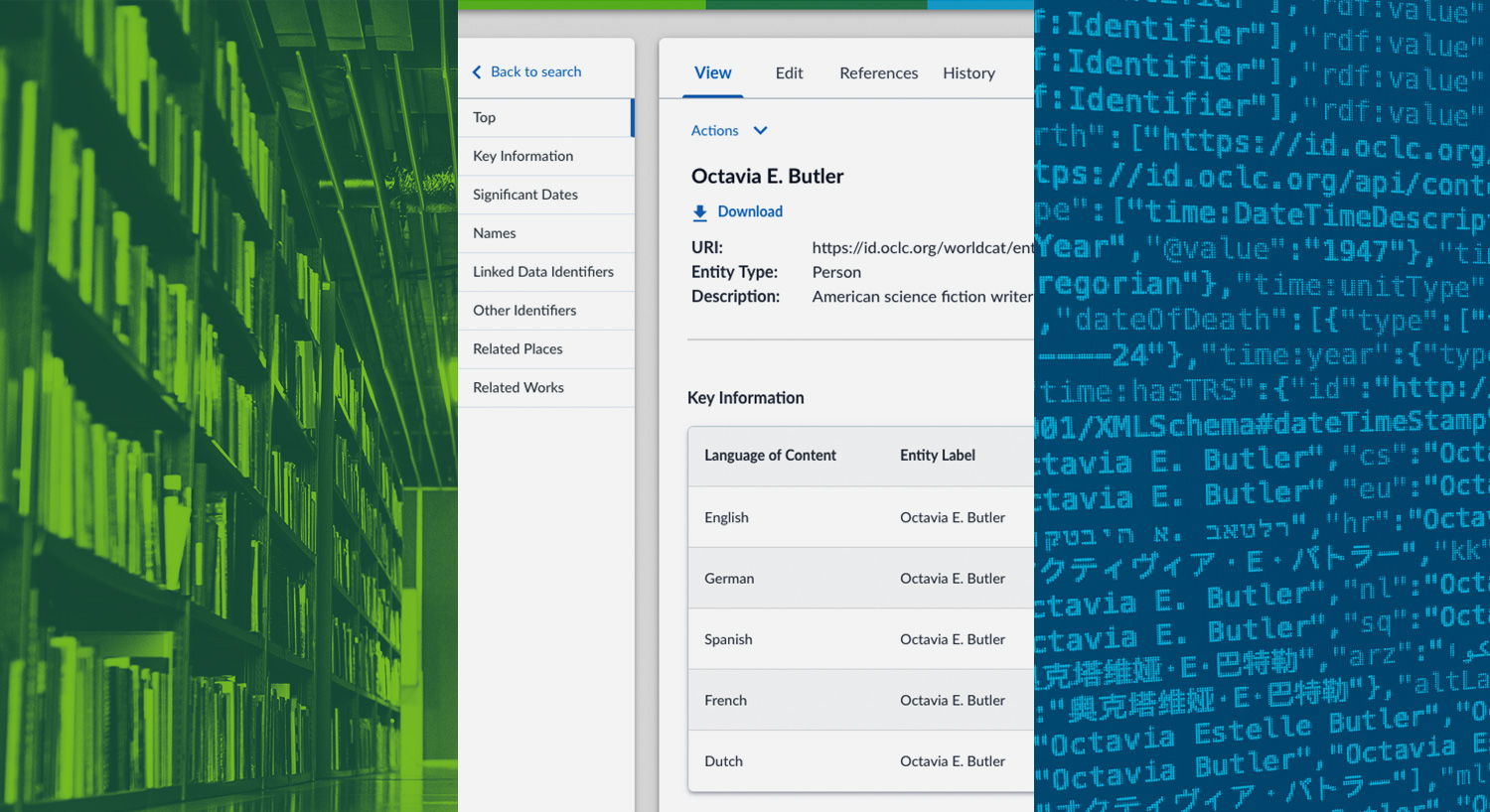 照片插图：OCLC Meridian 界面和链接数据代码