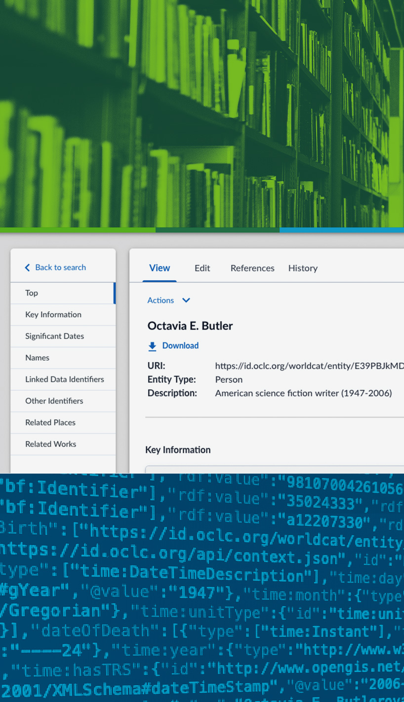照片插图：OCLC Meridian 界面和链接数据代码