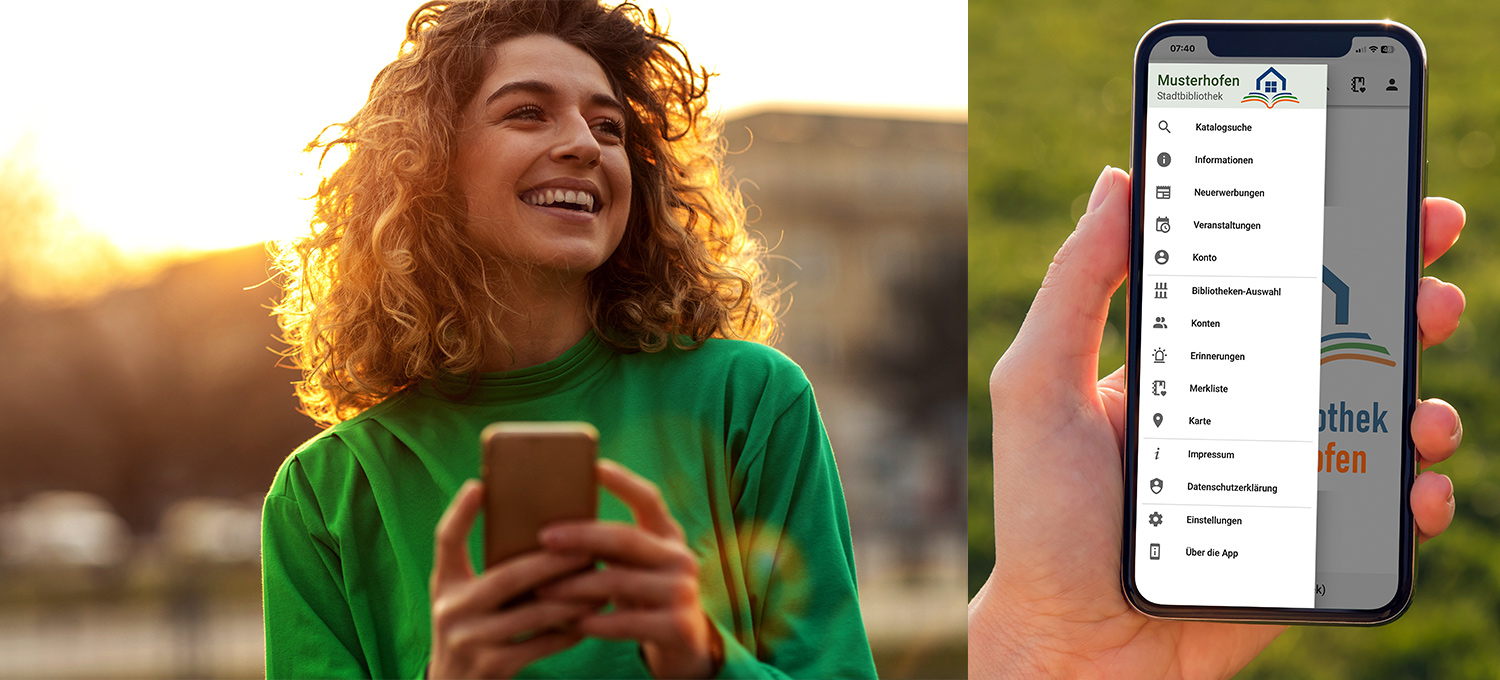 Foto: Junge Frau mit Smartphone schaut auf die YourBib App Übersichtsseite