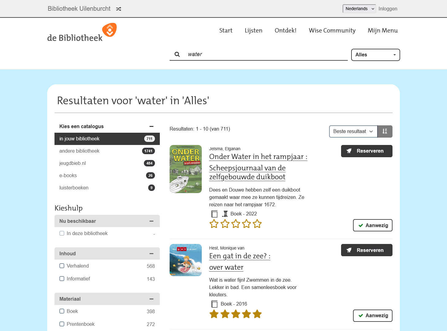 Screenshot van de zoekresultatenpagina van juniorWise voor de zoekterm 'water', met 711 resultaten en filteropties links. De eerste twee resultaten zijn boeken: 'Onder Water in het rampjaar' en 'Een gat in de zee?'