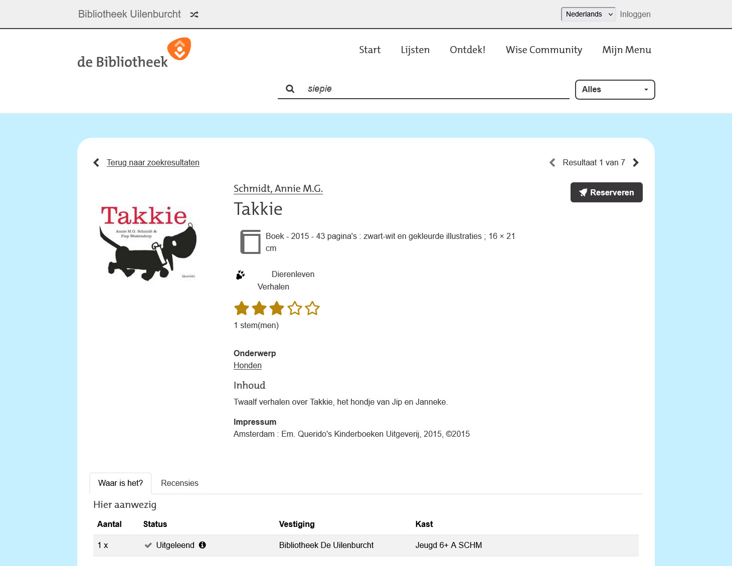 Screenshot van de titeldetailpagina van het boek 'Takkie' van Annie M.G. Schmidt, met informatie over het kinderboek.