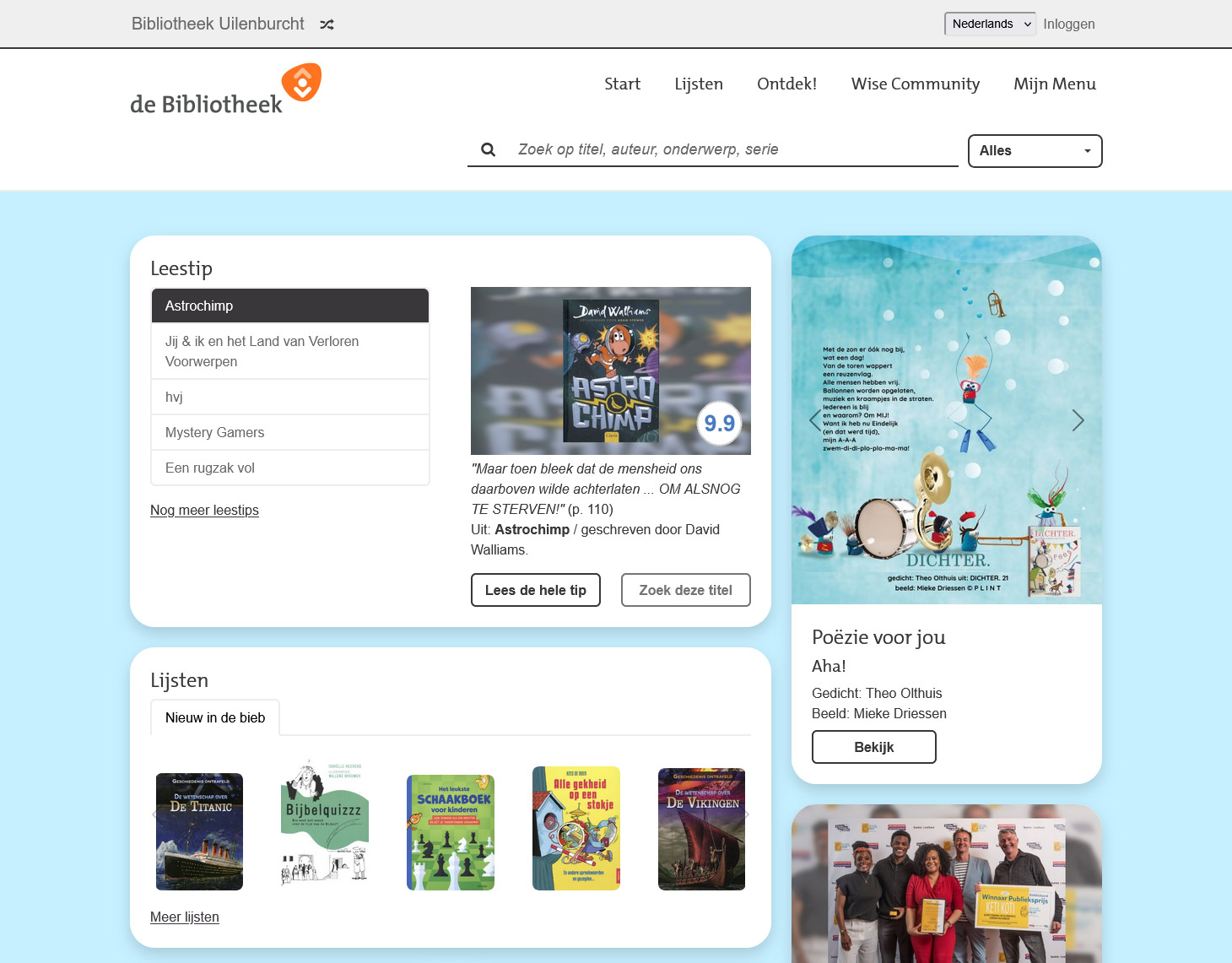 Screenshot van de homepagina van juniorWise met leestips, lijsten en boekpromotie.