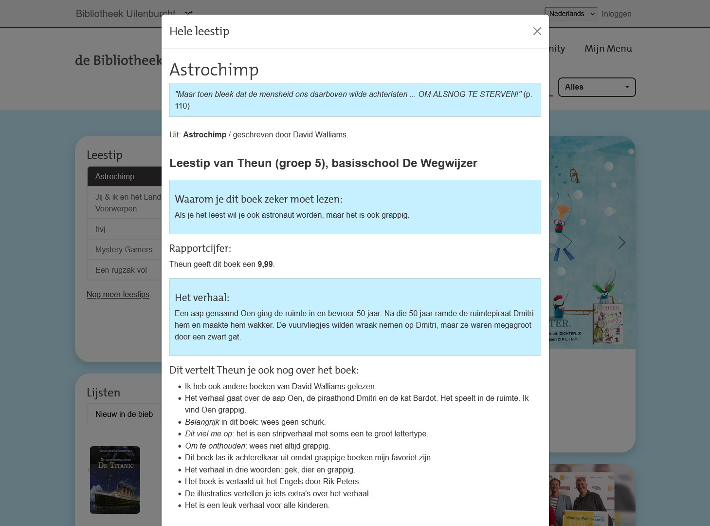 Screenshot van een pop-upscherm met uitgebreide leestip over het boek Astrochimp van David Walliams, geschreven door Theun uit groep 5 die het boek beoordeelt met een 9,99.