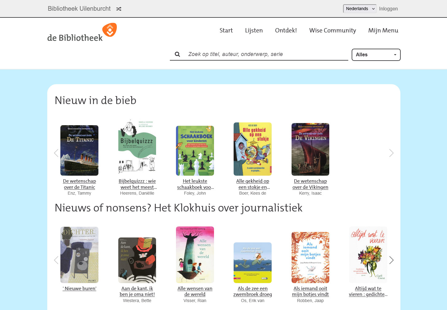 Screenshot van de lijstenpagina van juniorWise met twee boekencarrousels: 'Nieuw in de bieb' en 'Nieuw of nonsens? Het Klokhuis over journalistiek.