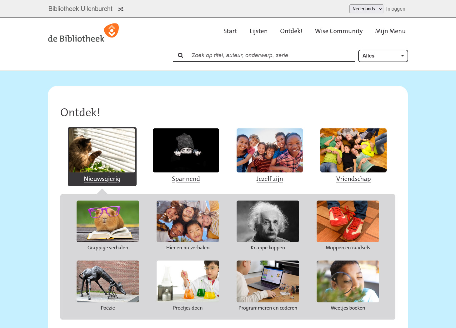 Screenshot van de Ontdek!-pagina van juniorWise met verschillende thematische categorieën zoals Nieuwsgierig, Spannend, Jezelf zijn en Grappige verhalen, elk vertegenwoordigd door een afbeelding.