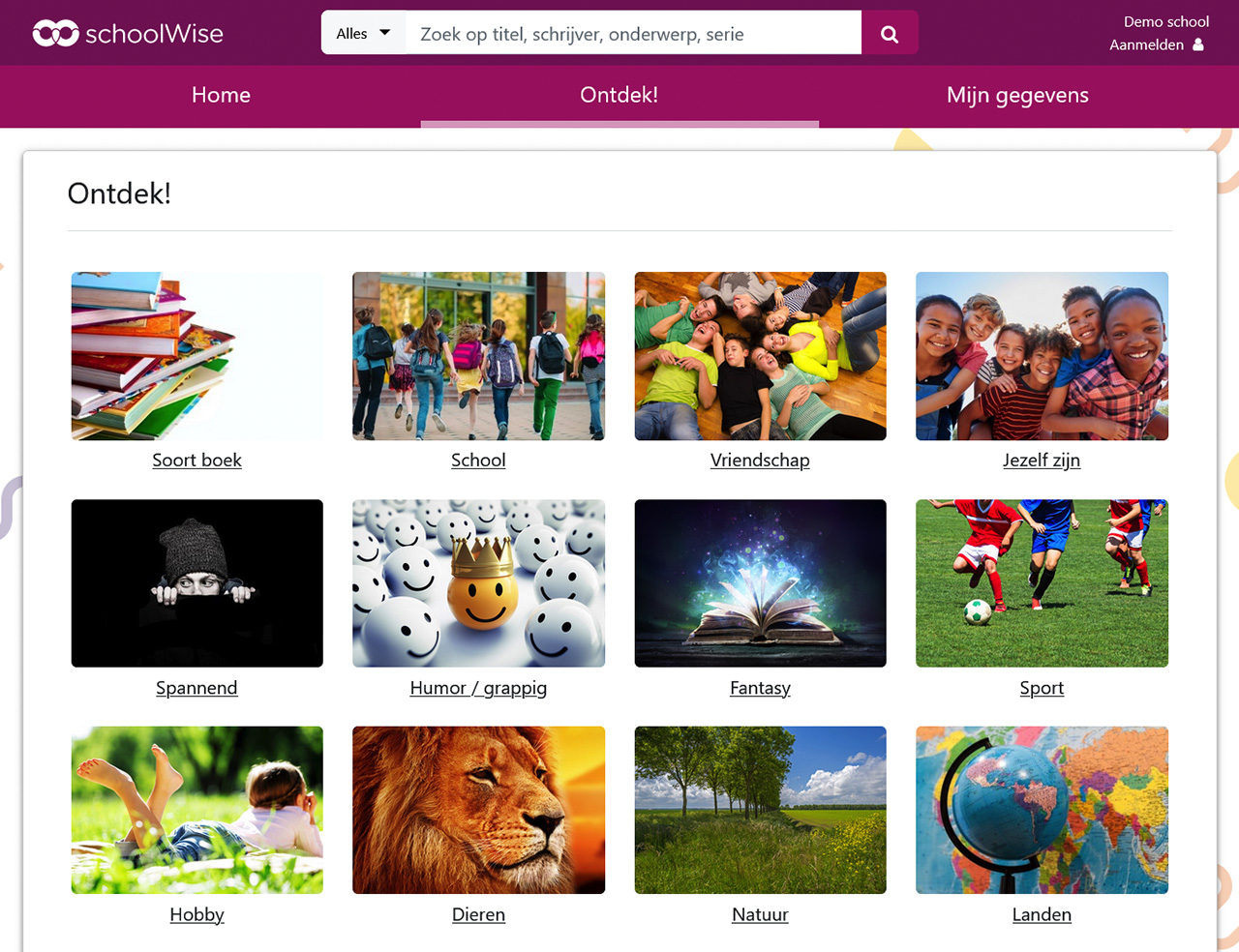 Schermvoorbeeld van de overzichtspagina van de Ontdek!-catalogus in schoolWise, waar leerlingen thematisch kunnen zoeken naar boeken en onderwerpen zoals school, vriendschap, sport, dieren, natuur en landen.