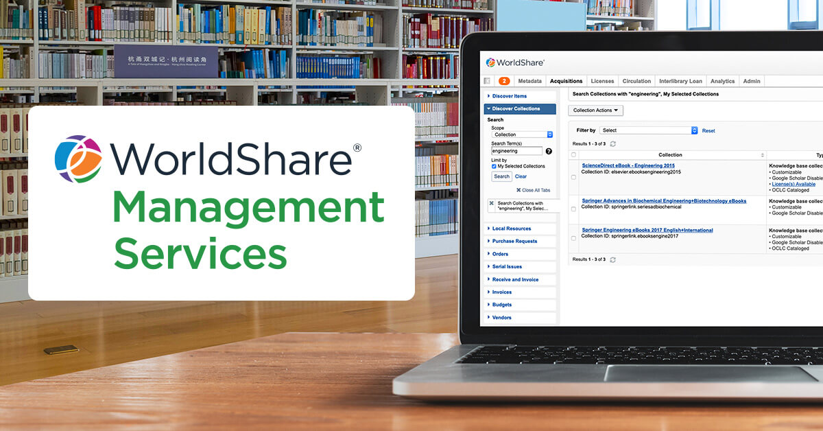 Illustration: WorldShare Management Services on a laptop in a library setting