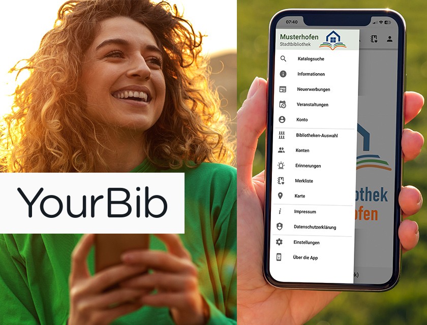 Foto: Junge Frau mit Smartphone schaut auf die YourBib App Übersichtsseite