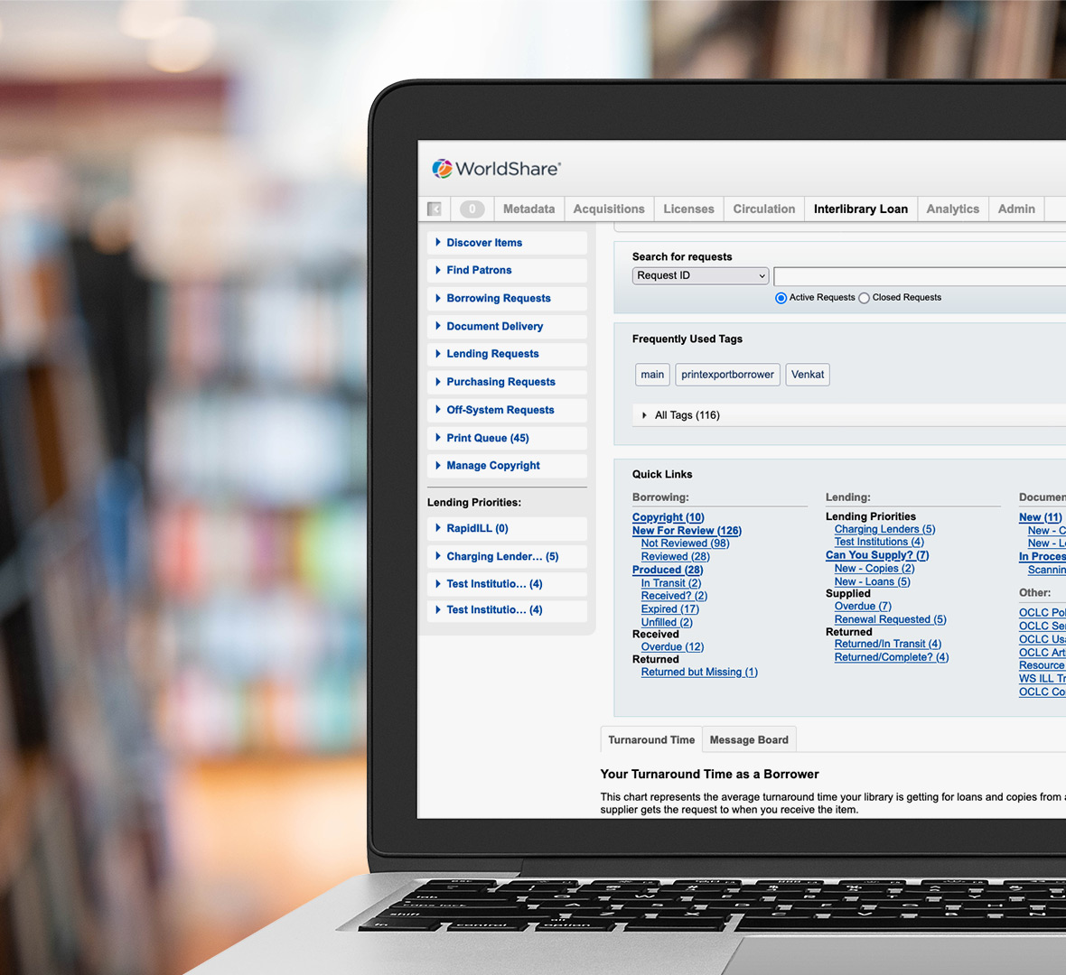 图书馆计算机上的 WorldShare 馆际互借界面