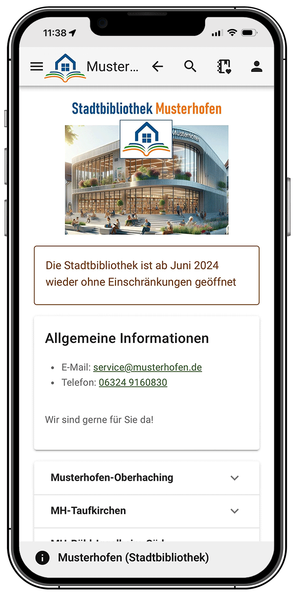 Screenshot: YourBib Infoseite der Bibliothek