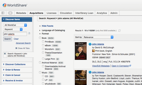 Interface de WorldShare Acquisitions