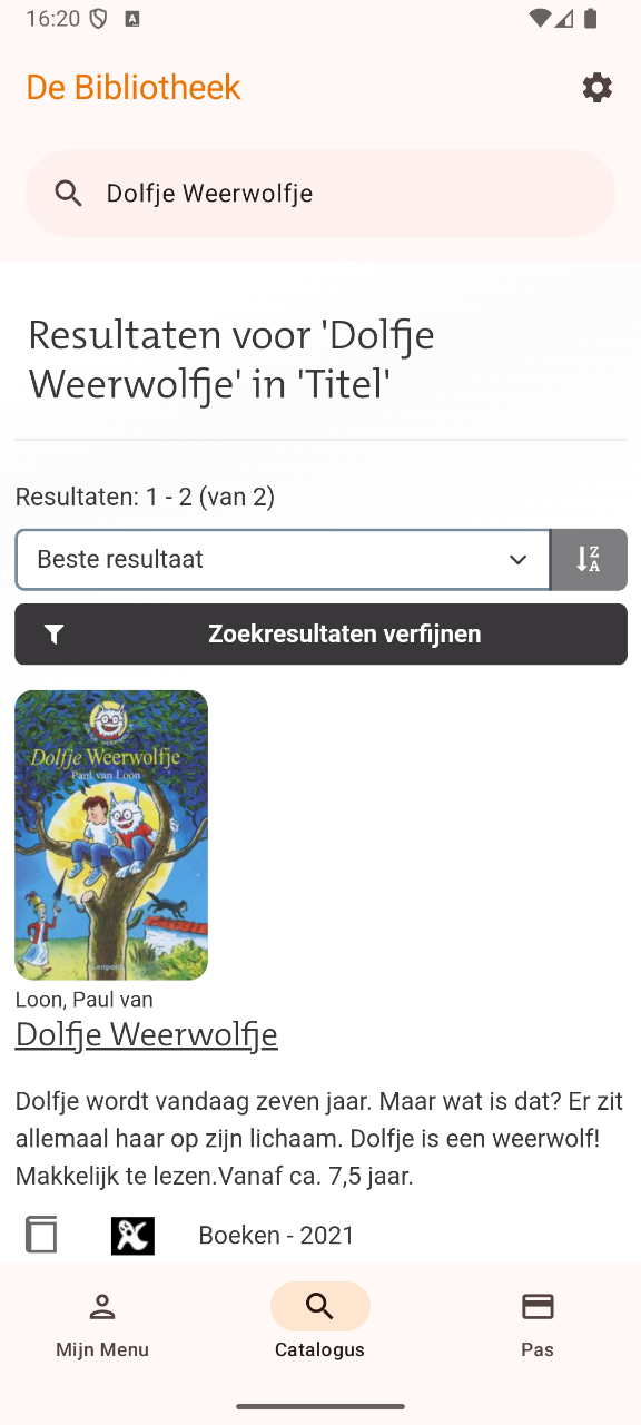 Screenshot van zoeken in de catalogus van de bibliotheek – zoekresultaten.