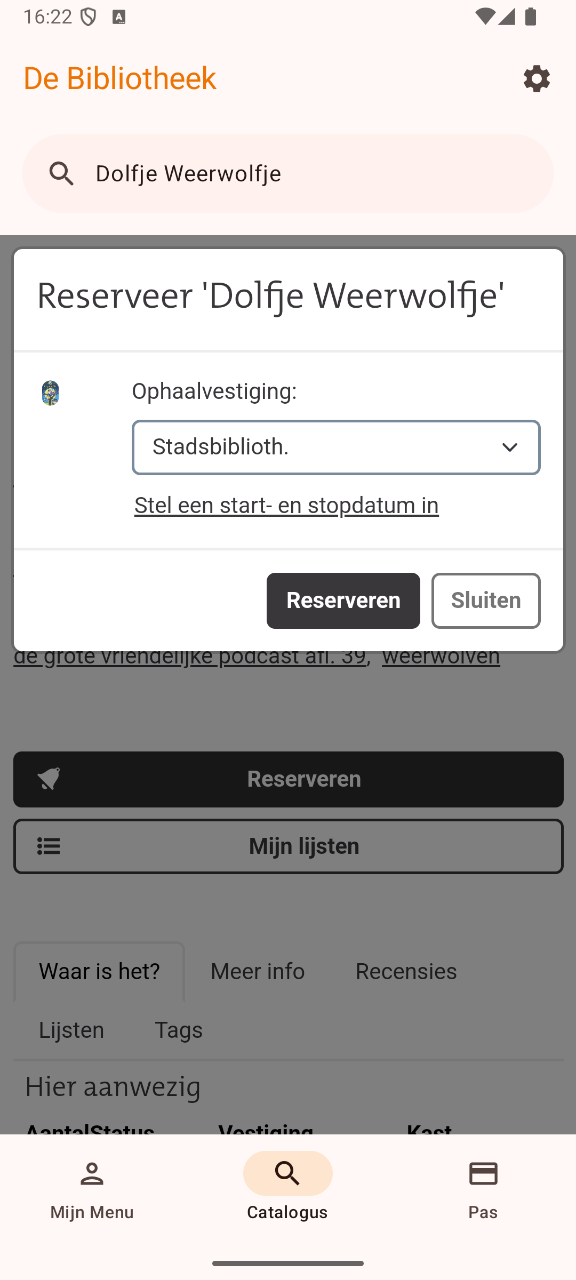 Screenshot van het reserveren van een boek in de app.