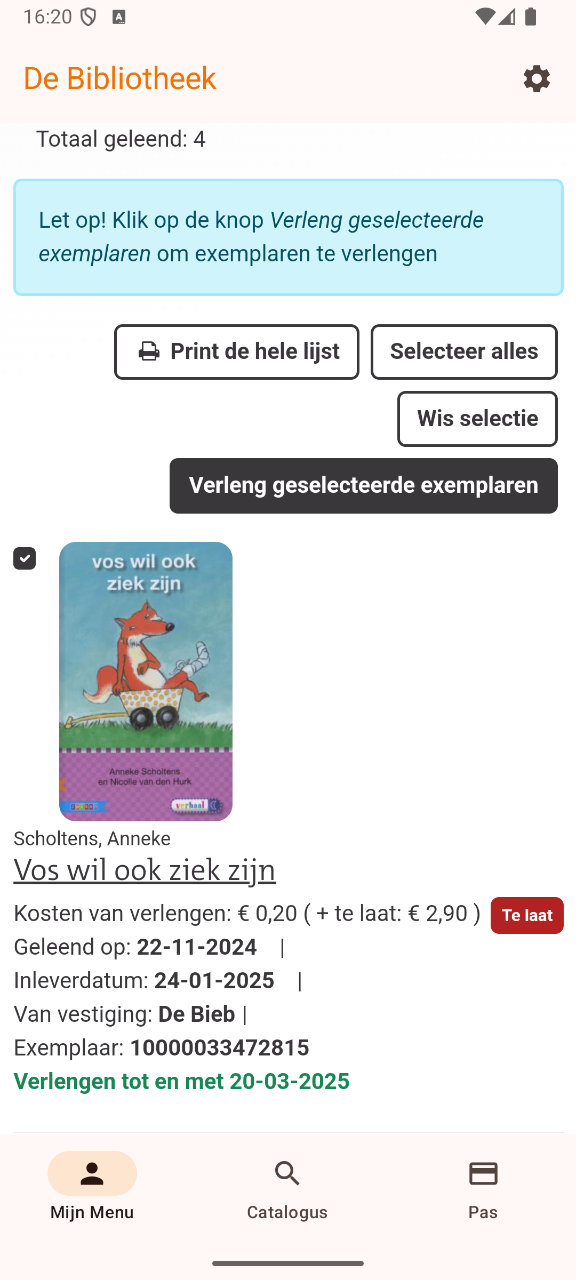 Screenshot van het bekijken van geleende materialen om te kijken wanneer ze terug naar de bibliotheek moeten en te verlengen.