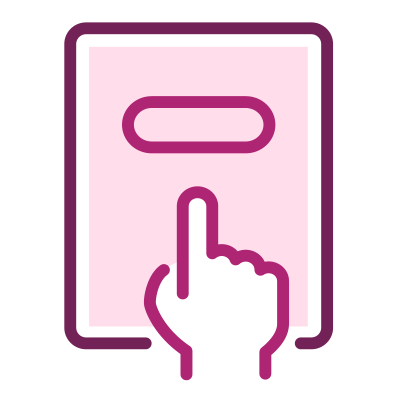 Icoon van een wijsvinger die een touchscreen of tablet bedient, in paarse lijnen op roze achtergrond.