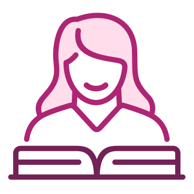 Icoon van persoon met lang haar die een boek leest, in paarse lijnen op roze achtergrond.