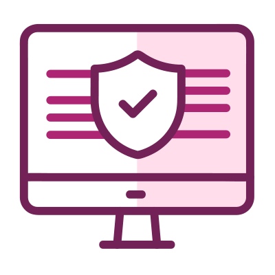 Icoon van computerscherm met beveiligingsschild en vinkje, in paarse lijnen op roze achtergrond.