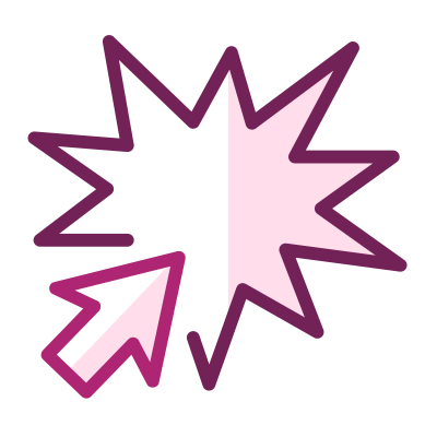 Icoon van een stervormige flits met een cursor, in paarse lijnen op roze achtergrond.