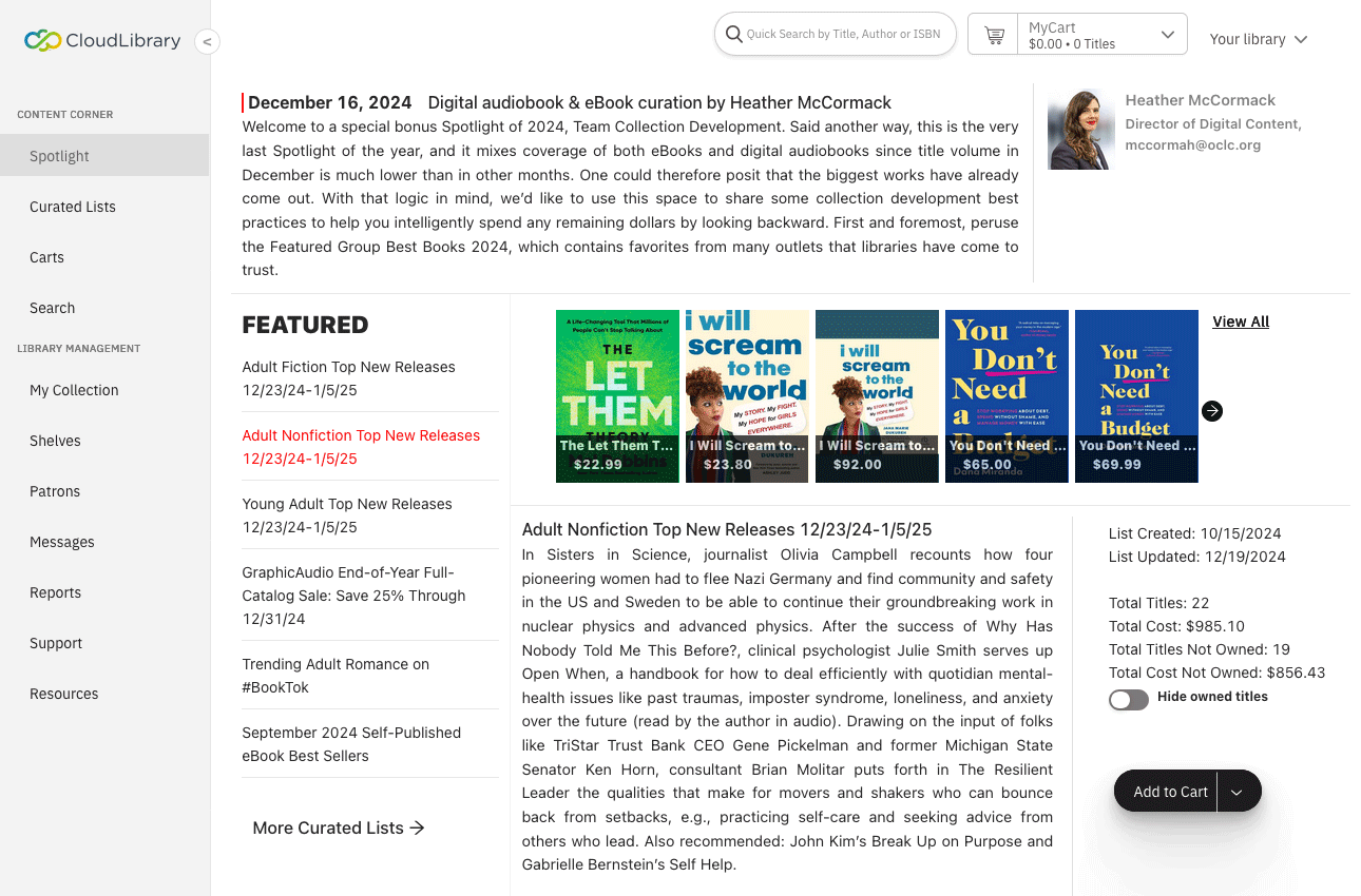 CloudLibrary-interface: Spotlight landingspagina