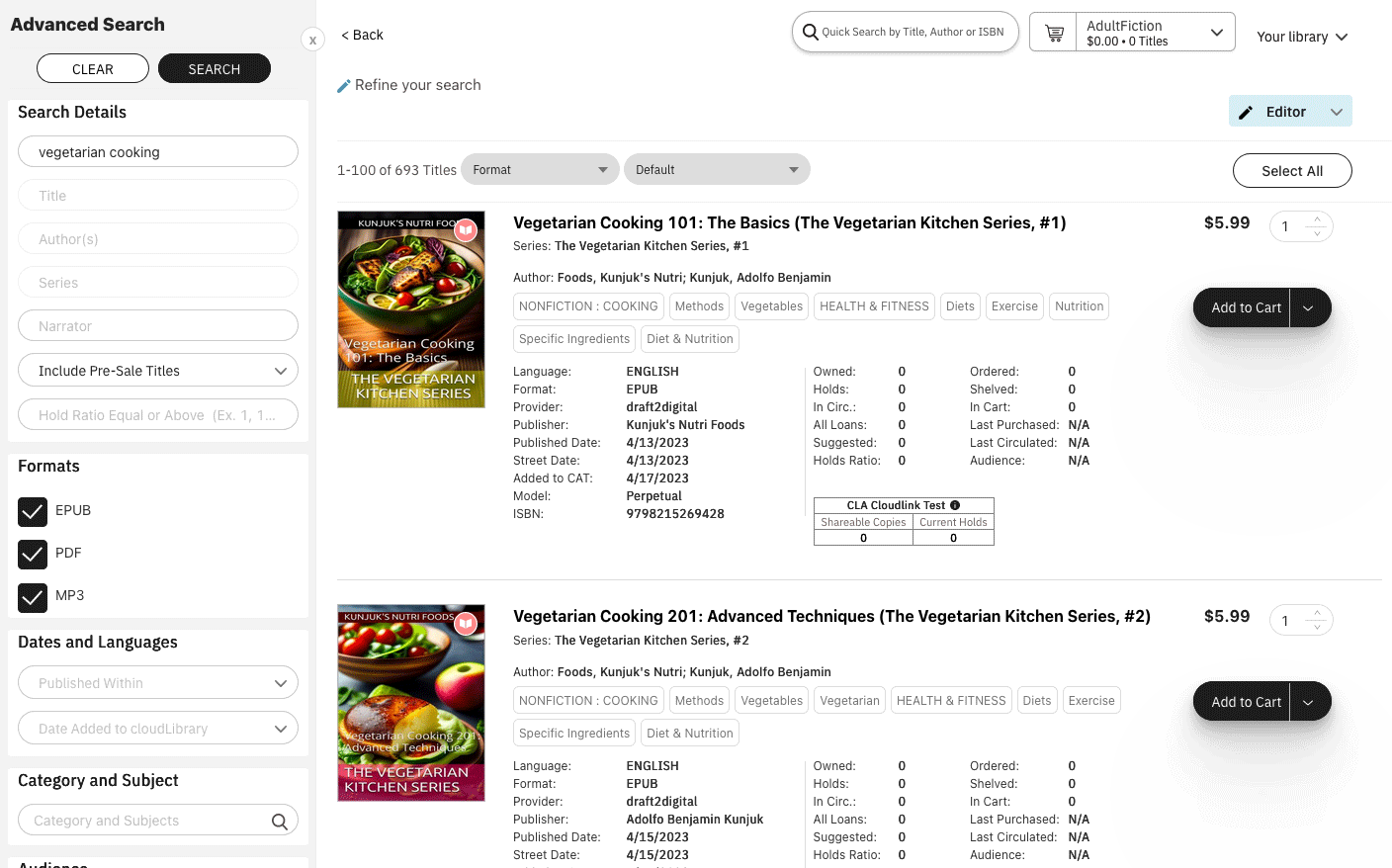CloudLibrary-interface: Geavanceerde zoekresultaten