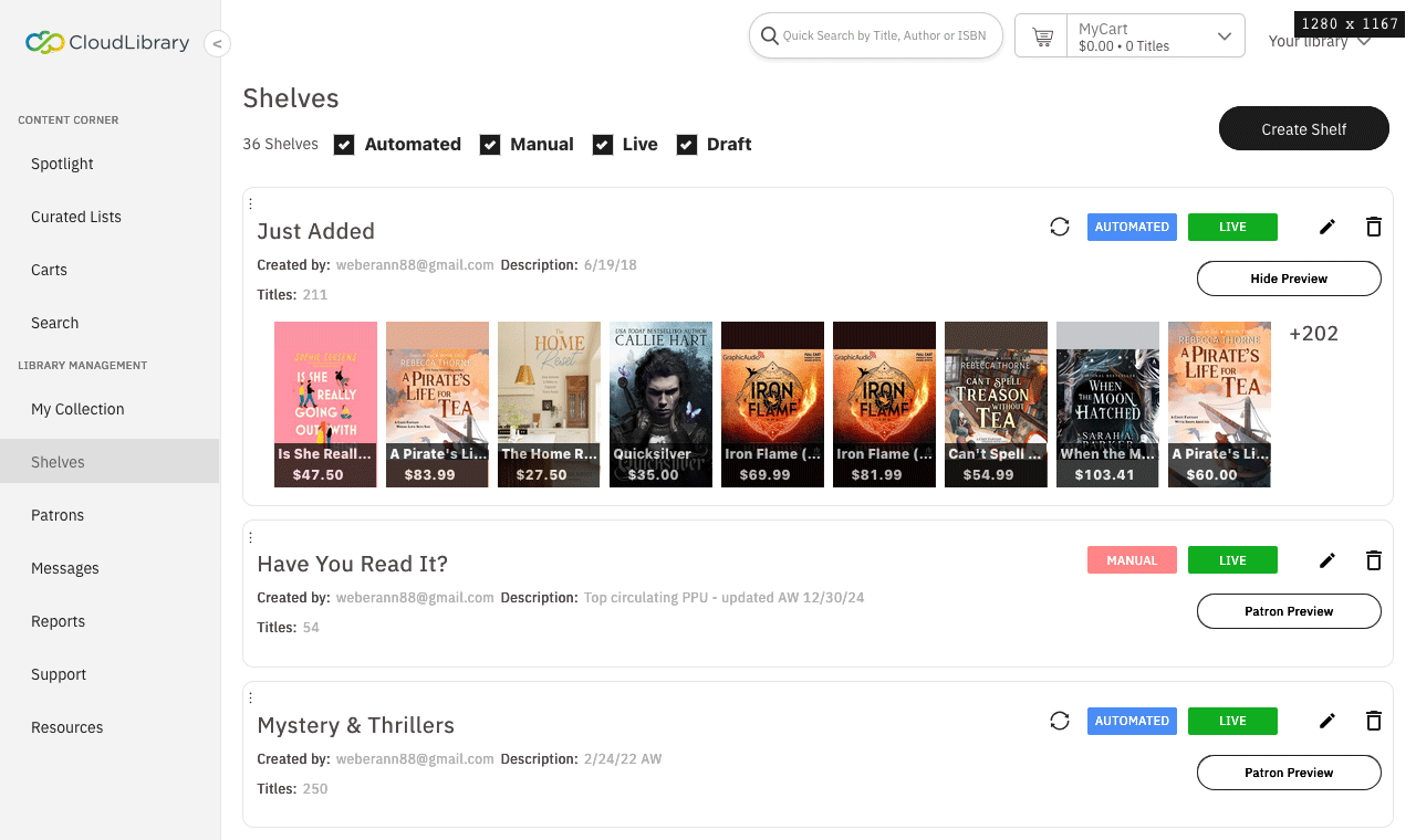 CloudLibrary-interface: Beheer van planken met aanbevolen titels
