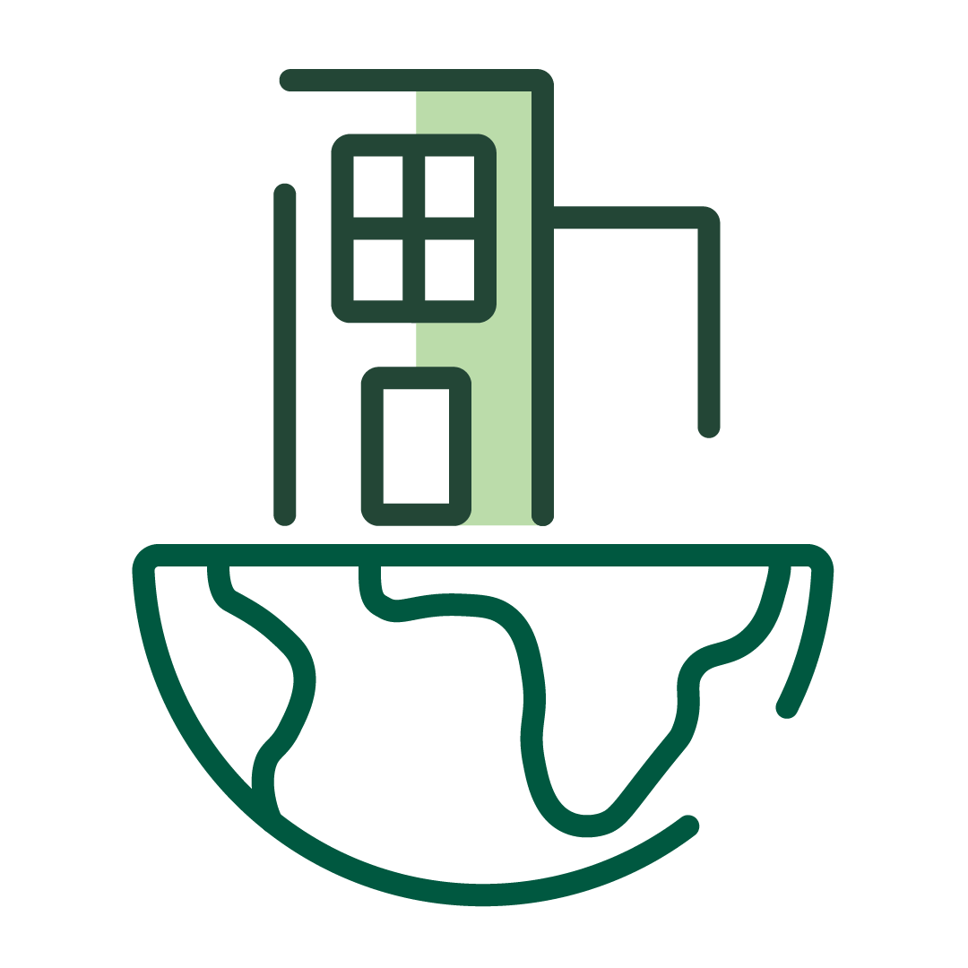 图标：地球图形顶部有一座建筑