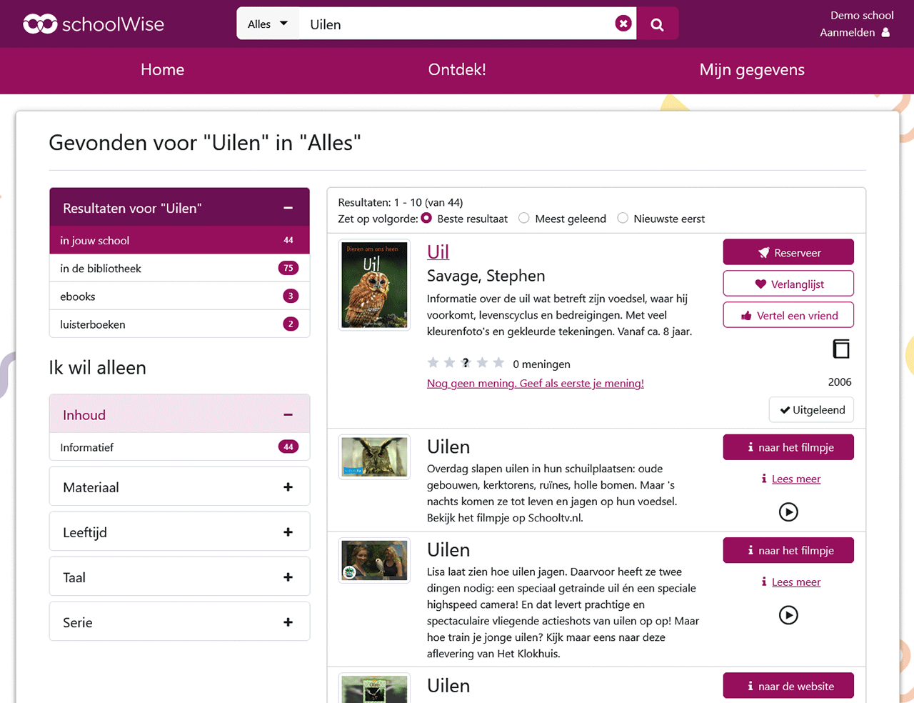 Schermvoorbeeld van schoolWise zoekresultaten, waarin leerlingen kunnen filteren en zoeken naar boeken, e-books, luisterboeken en informatieve bronnen binnen de schoolbibliotheek, lokale bibliotheek en de online bibliotheek.